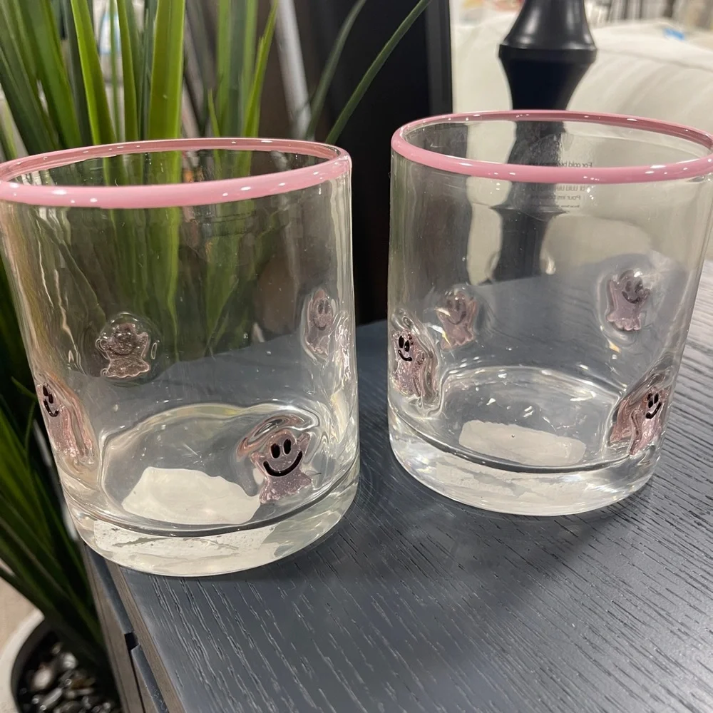 Pink Halloween Pink Ghost Lampwork Glass Embedded  Drinking Glasses Set of 2 NEW